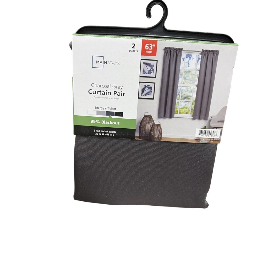 Mainstays Curtain Pair Blackout Charcoal Gray Rod Pocket 30x63 NWT Modern 2pk
